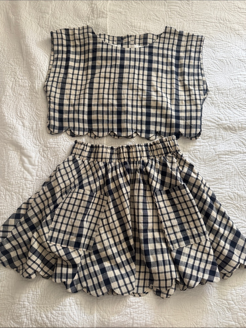 MARBLE Navy and Cream Gingham Two-Piece Crop Top and Skirt Set